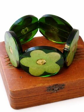 Vintage Boho Chunky Green Gold Foil Flower Stretch Bracelet Wide Statement